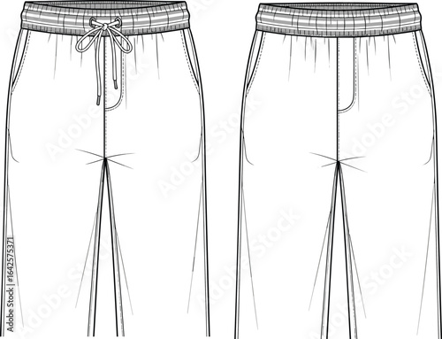 Elastic waistband pants front and back view, drawstring detail, women’s loungewear trousers, fashion cad technical flat vector sketch