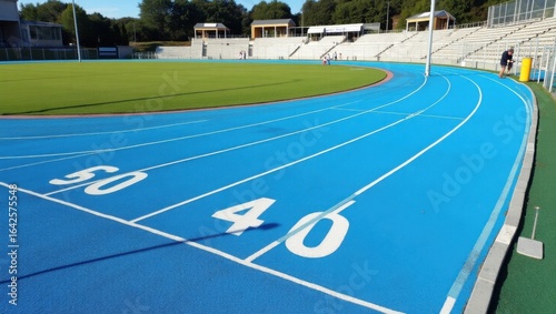 Vibrant blue athletic track with white lane markers and yardage numbers showing a sports stadium environment ready for competition