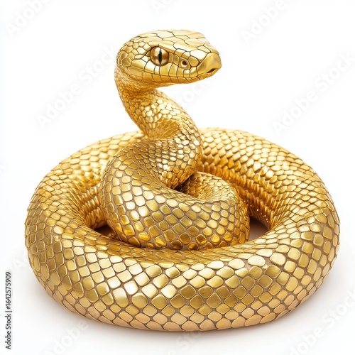 Coiled golden snake figurine with scales, shiny and isolated on white background.