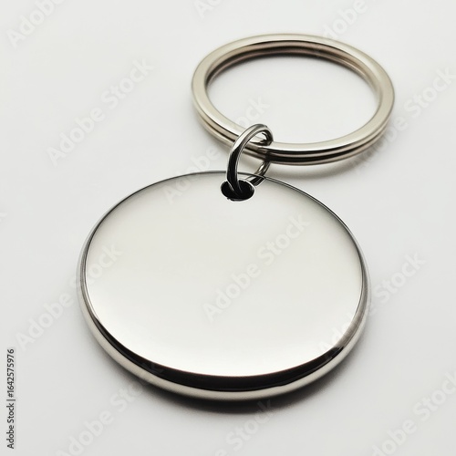 Metal round keychain with ring, shiny and new, isolated on white background.