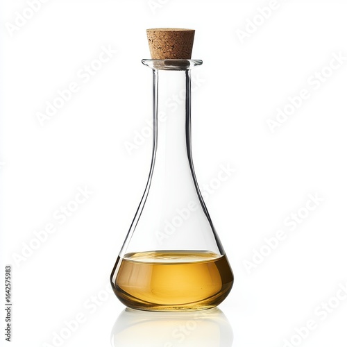 Glass bottle with cork and liquid inside isolated on white background.