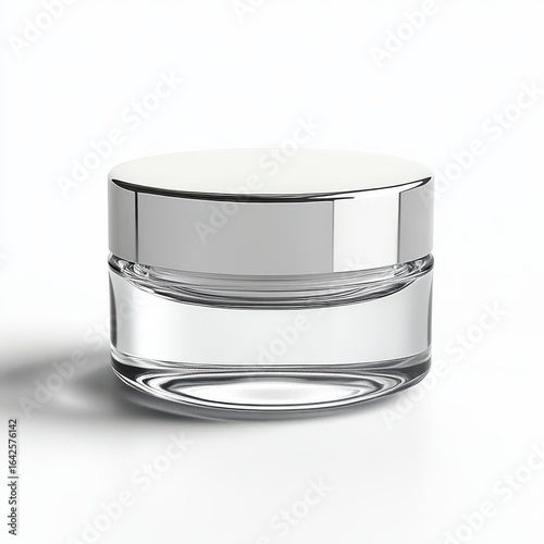Clear glass jar with silver lid for cosmetic product isolated on white background.