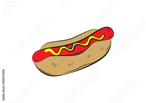 Illustration of a classic hot dog in a bun, topped with mustard and ketchup, set against a plain white background.
