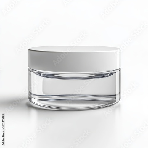 Clear cosmetic jar with a white lid, product shot isolated on white background.