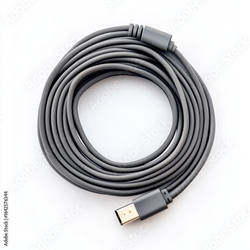 Coiled gray usb cable with connector, close up shot isolated on white background.