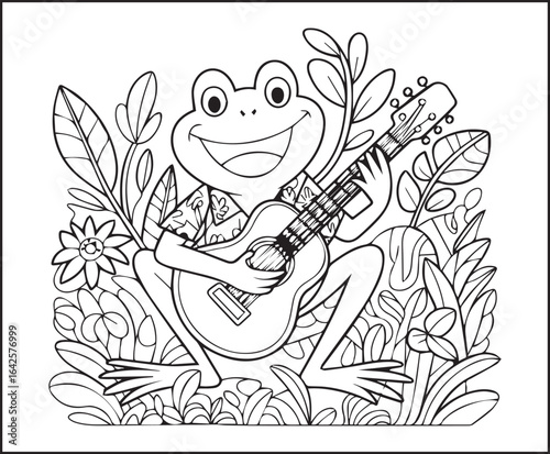 Cute frog enjoying with guitar in nature coloring page for kids, black line art vector illustration for children's activity book design