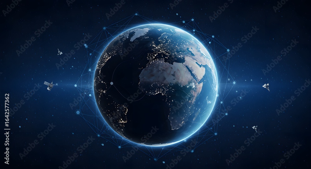 Obraz premium Global Digital Network Connecting Earth with Satellites in Orbit