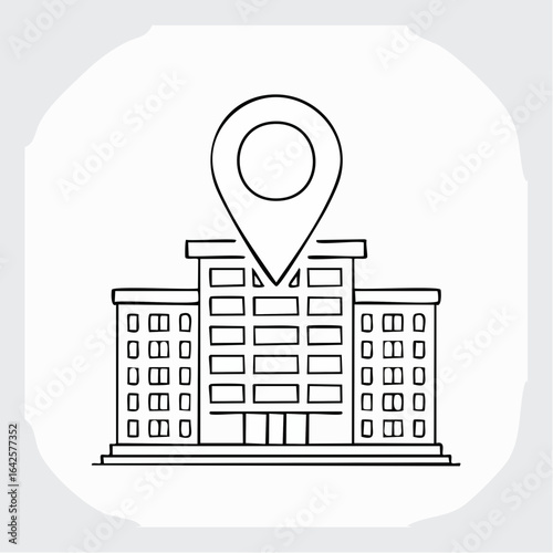 Vector line art icon of a business location, showing a map marker on a city skyscraper. Symbol for office address or navigation.