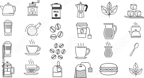 A line art vector icon set for coffee, latte, milk, macaron and tea themes.
