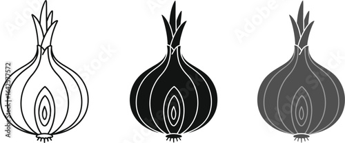 Three onions depicted in different styles on a white background vector art