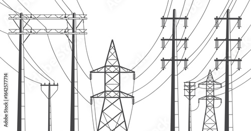 Electrical power line tower and utility poles vector illustration, high voltage transmission cables, energy distribution structure, industrial design drawing