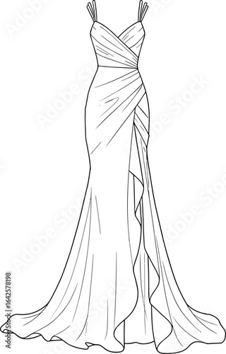 Elegant evening gown flat sketch, draped maxi dress technical drawing, fashion CAD template, vector illustration for dress design showcase