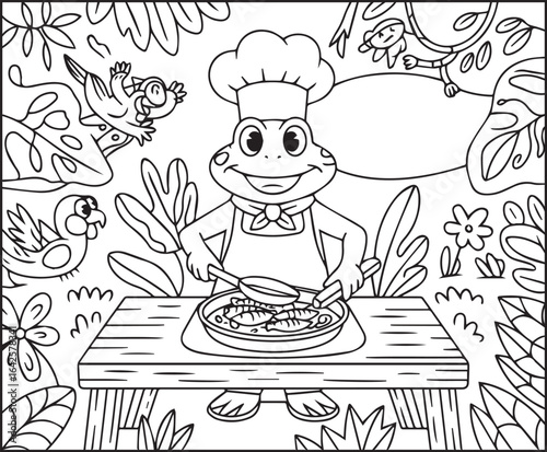 Chef frog cooking food in the jungle coloring page for kids, black line art vector illustration for children's activity book design