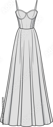 Elegant long dress vector sketch, fashion technical CAD illustration, flat design with fitted bodice and flared hemline for designers.