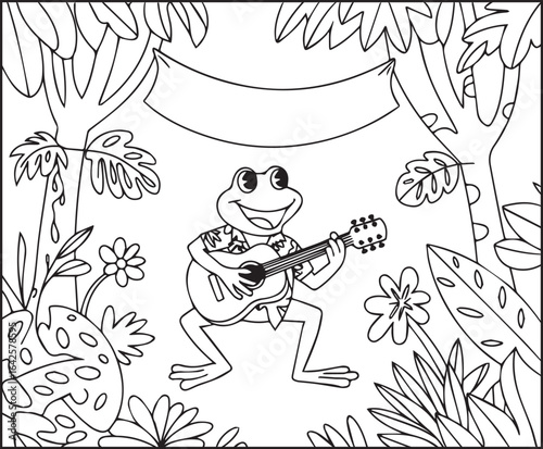 Cute frog enjoying with guitar in nature coloring page for kids, black line art vector illustration for children's activity book design