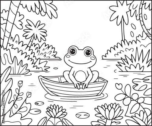 Cute frog sitting on a boat in lake water coloring page for kids, black line art vector illustration for children's activity book design