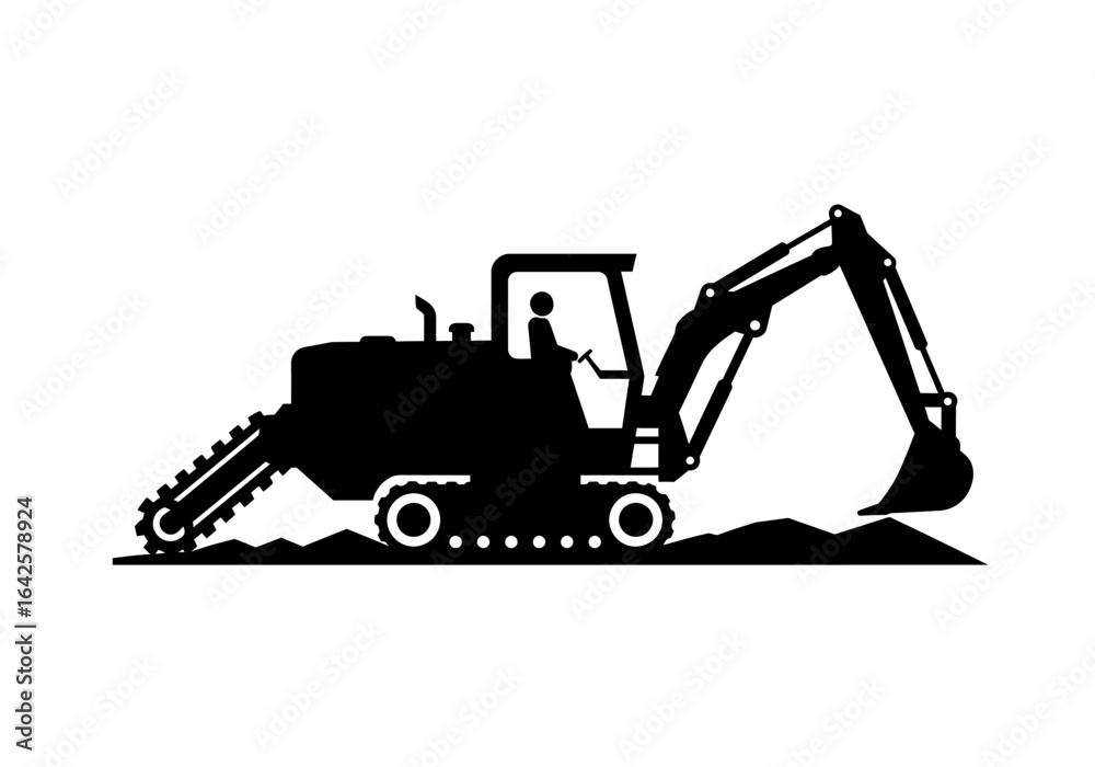 Naklejka premium Black Silhouette of a Heavy-Duty Excavator with Trencher Attachment.