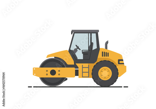 Yellow Road Roller Vehicle with Cabin and Compaction Drum.