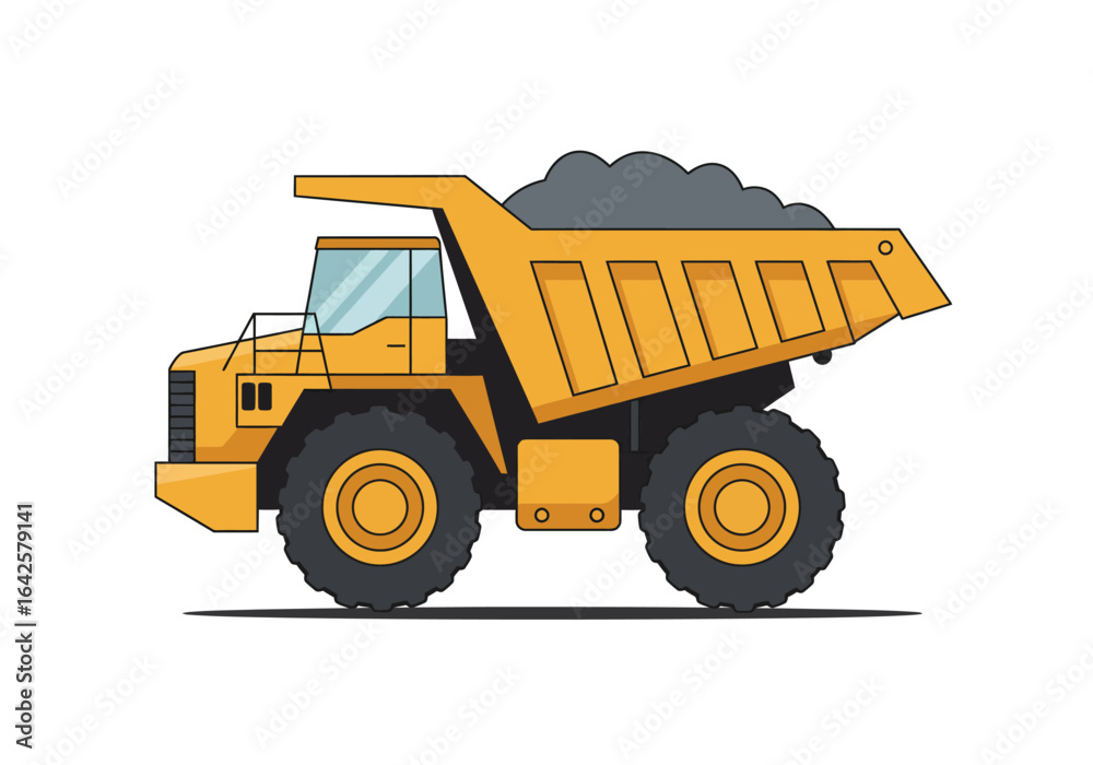 Obraz premium Cartoon Yellow Dump Truck Filled with Gray Material.