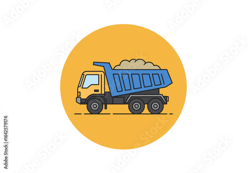 Cartoon Dump Truck with Sand on Yellow Background.