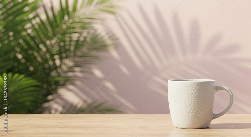 Obraz premium A white mug sits on a wooden surface with palm tree shadows cast upon a textured wall