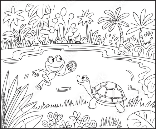 Cute frog playing with tortoise in nature coloring page for kids, black line art vector illustration for children's activity book design