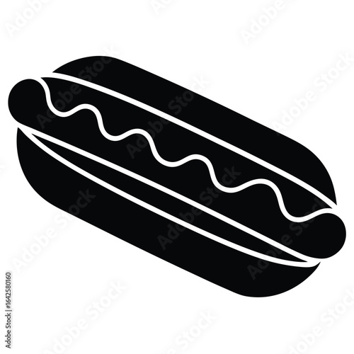 Black hot dog with wavy mustard sausage condiment