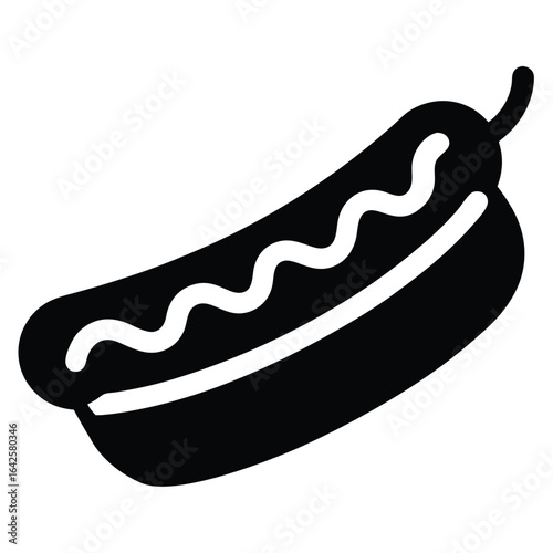 Black hot dog with white wavy sauce sausage condiment