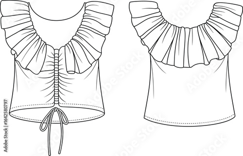 Fashion flat sketch of women’s off shoulder ruffle top with drawstring front and back view, detailed cad illustration design