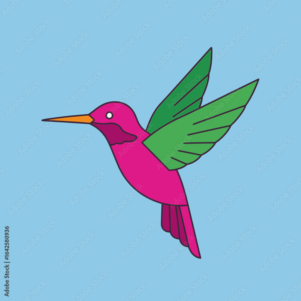 Obraz premium Pink hummingbird with green wings flying against blue background.