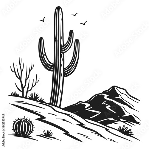Black and white vector illustration of a desert scene with tall cactus, mountains, and birds, perfect for nature, travel, and landscape designs.

