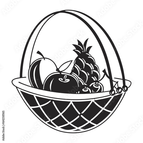 Monochrome vector of a fruit basket filled with apples, pineapple, and berries. Symbolizes a healthy harvest, abundance, and fresh food.
