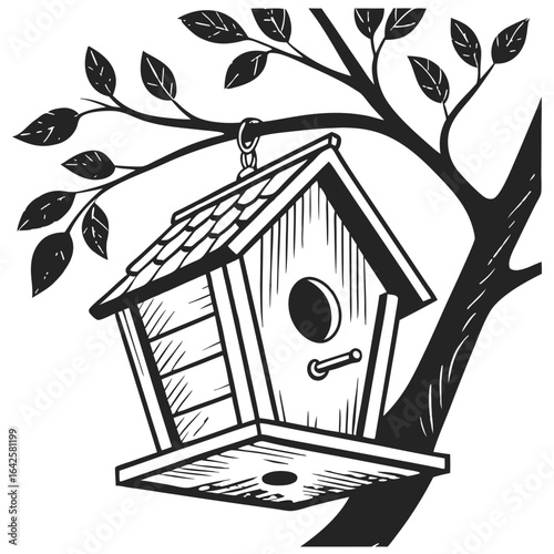 A hand-drawn birdhouse hanging from a tree branch with leaves. Black and white vector line art illustration, isolated on a white background.
