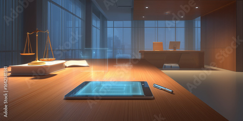 The future of jurisprudence unfolds on a glowing tablet in a modern legal office, with the classic scales of justice symbolizing tradition against a digital frontier.