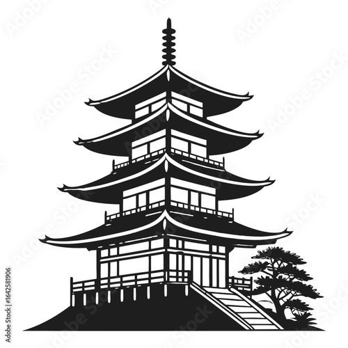 A beautiful silhouette of a traditional Japanese pagoda tower. Black and white vector illustration of an ancient Asian temple, perfect for travel and culture.

