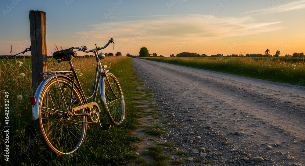 Obraz premium Retro Bicycle Leaning on Fence Post at Golden Hour Along Rural Path
