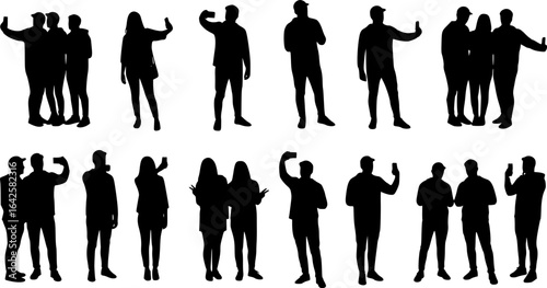 Silhouette group of people selfie different poses silhouette vector set on white background.	