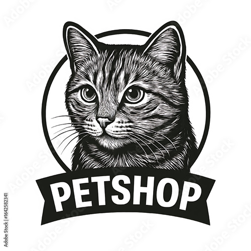 Charming pet shop logo featuring a detailed illustration of a cute cat's face. A friendly brand identity mascot for a veterinary clinic, cat cafe, or pet store.