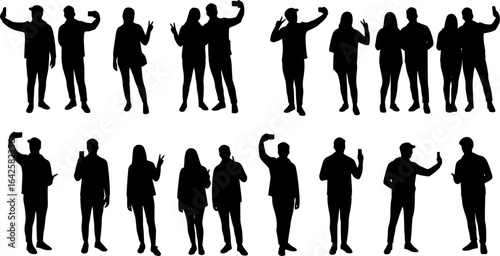Silhouette group of people selfie different poses silhouette vector set on white background.	