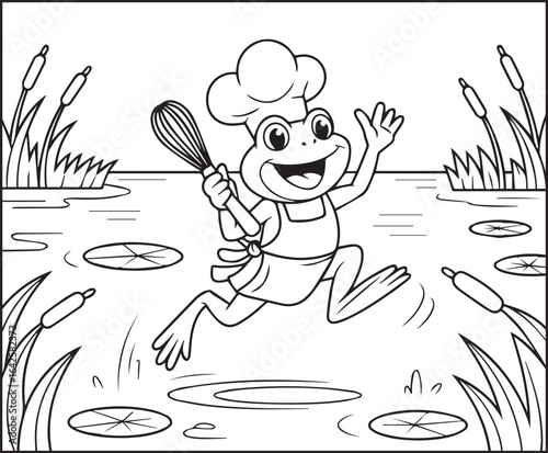Cute chef frog jumping on water coloring page for kids, black line art vector illustration for children's activity book design