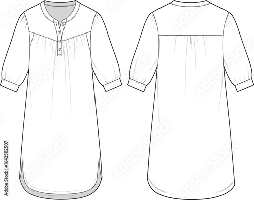 Fashion flat tunic top, front and back technical sketch, button placket, gathered yoke design, half sleeve cad drawing, vector illustration