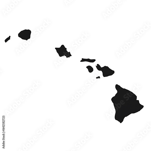 Black silhouette map of the state of Hawaii, USA. A simple vector outline of the Hawaiian Islands, including Oahu, Maui, and the Big Island for geography and travel themes.