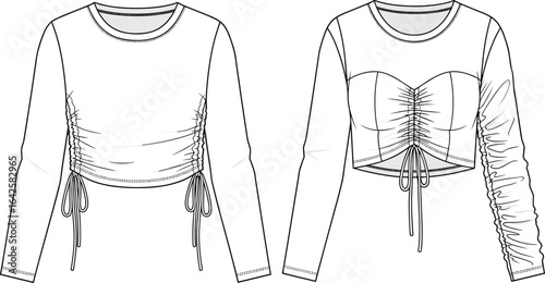 Trendy ruched crop top with drawstring, bustier and long sleeve design, fashion technical flat sketch, vector cad drawing