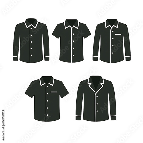 Polo shirt vector icon set. Collection of black solid silhouettes of collared shirts, representing casual and semi-formal menswear for fashion or apparel branding.