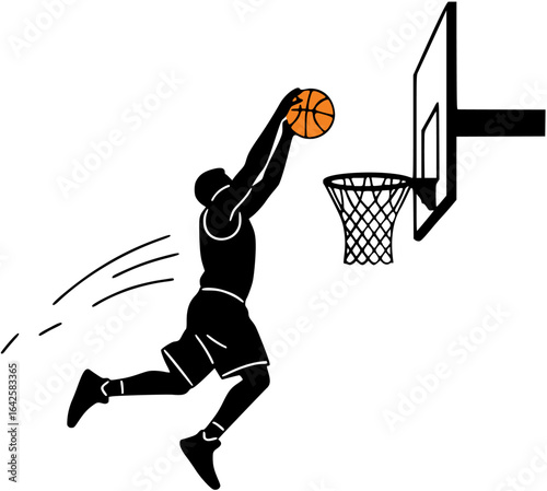 Flat vector illustration of a basketball player dunking the ball, dynamic motion, black and white colors, with transparent background.