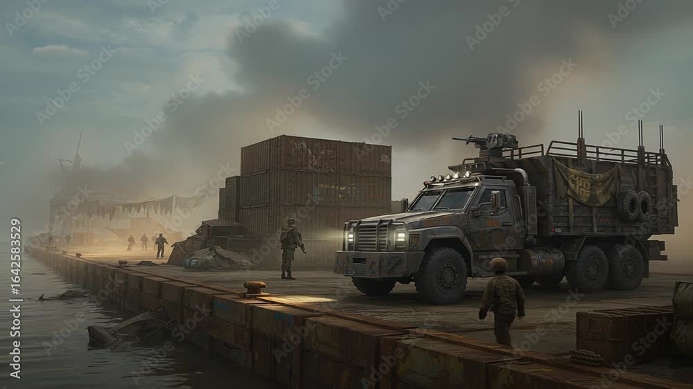 Military convoy navigating foggy dock with soldiers Military convoy navigating foggy dock with soldiers