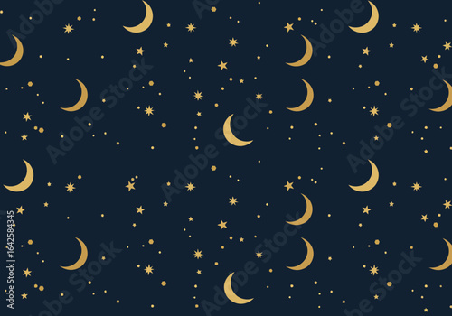 Golden Crescent Moons and Stars on Dark Blue Background Pattern.