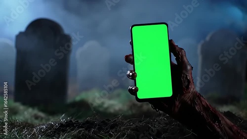 Modern Horror: Zombie Hand Rises from Grave Holding a Green Screen Smartphone