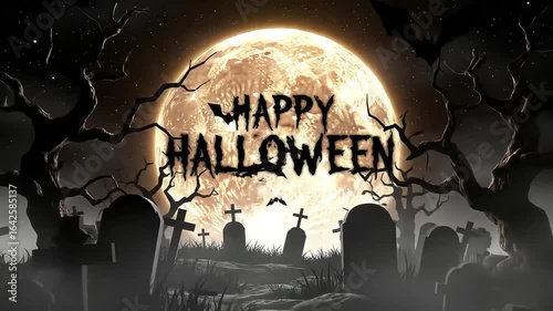 Spooky Halloween Night: Graveyard Scene with Full Moon, Bats, and Creepy Trees