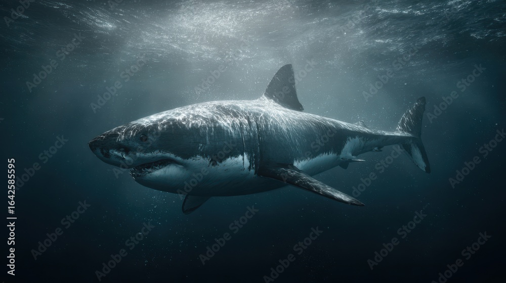 Naklejka premium Hyper-realistic sea monster shark, muscular body, dramatic shadows, cinematic full shot, isolated on stormy grey background